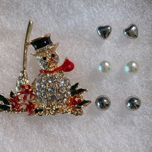 Festive Snowman Brooch with Earrings Set